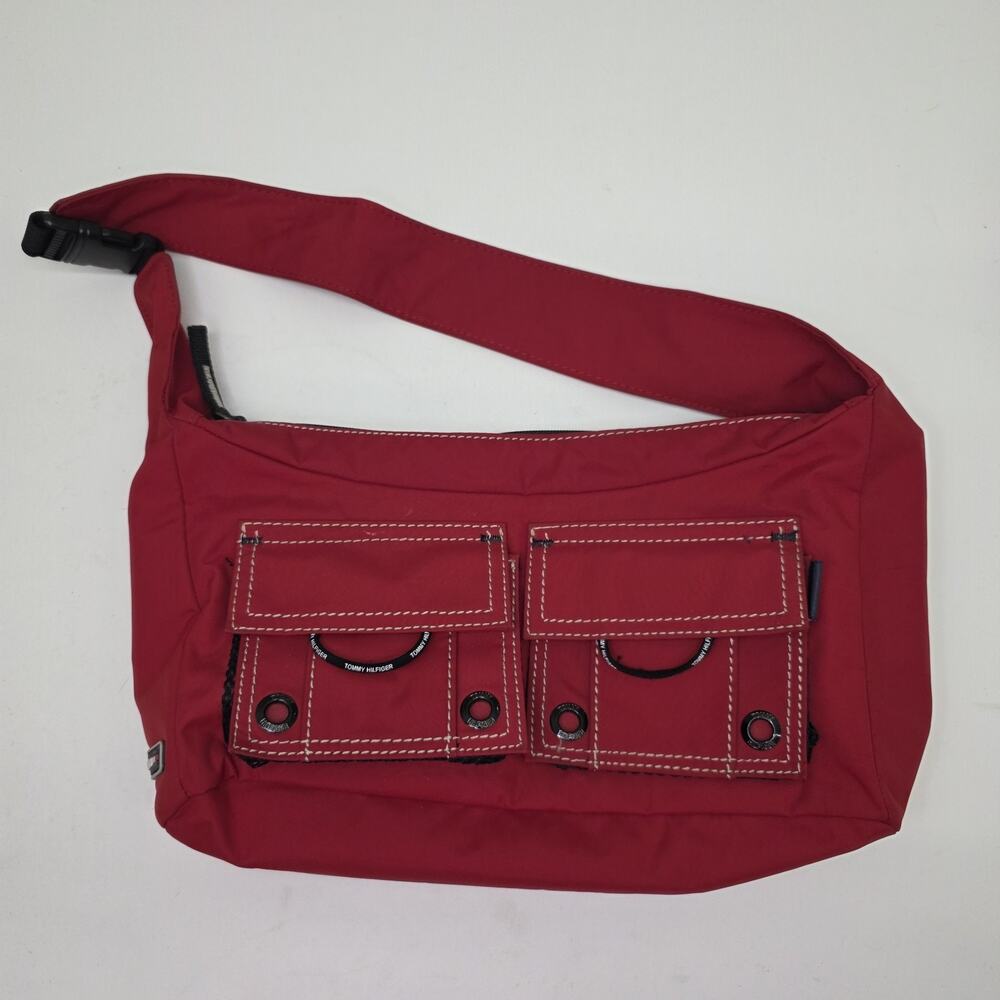 Vintage Tommy Hilfiger Y2K 90s Shoulder Purse Bag Red Buckles Small Pockets
